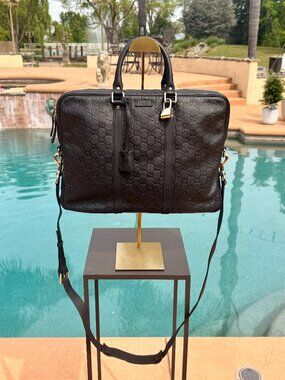 Gucci Guccissima Black Briefcase Travel Work Bag w/ Lock and Key and Strap